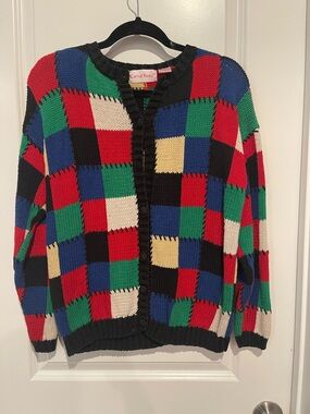 Vintage carroll Reed Multicolor Checker Knit Cardigan Red/Green/Blue/Black/Cream